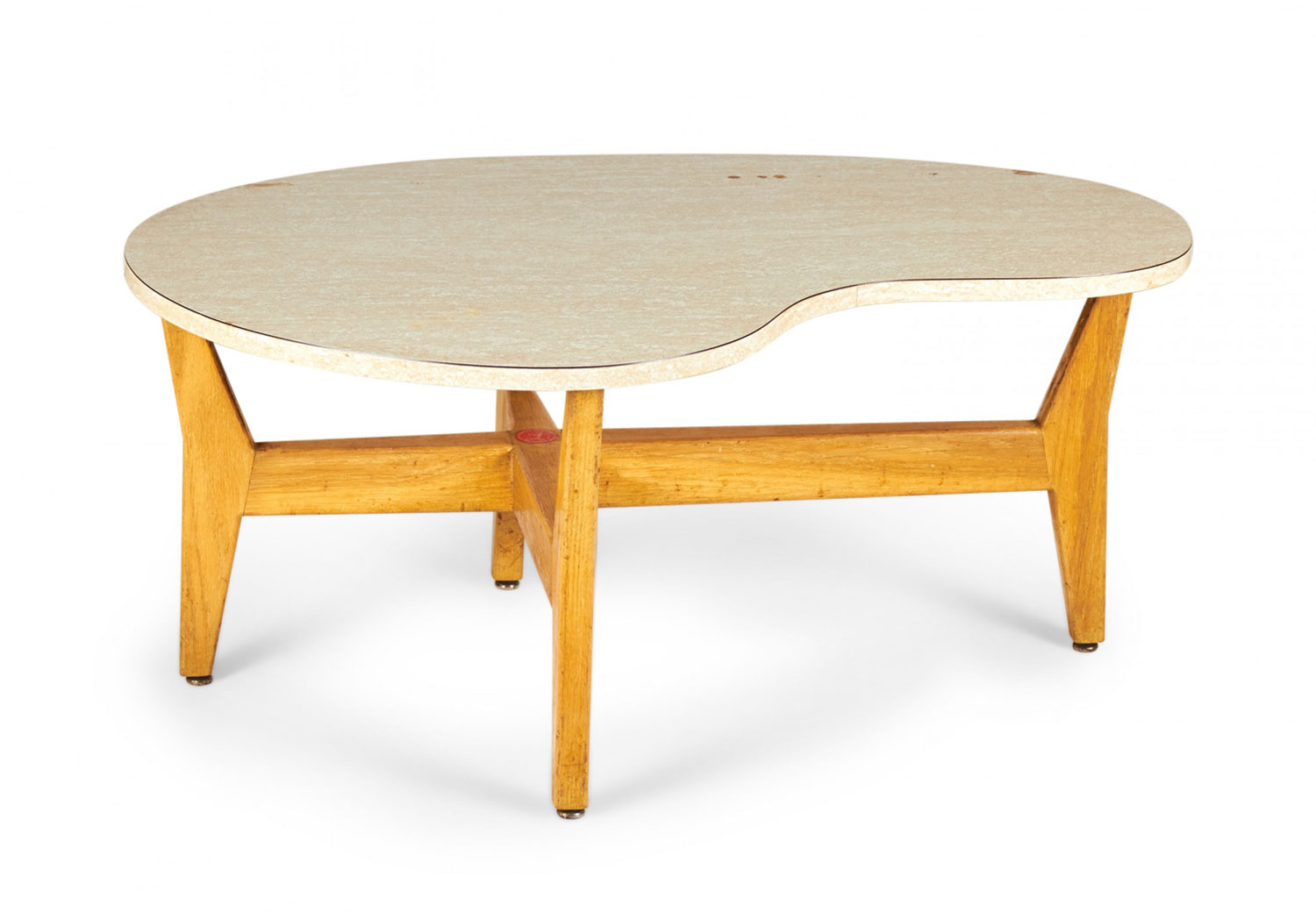 Jens Risom American Mid Century Kidney Shaped Beige Mica and Walnut Cocktail Coffee Table