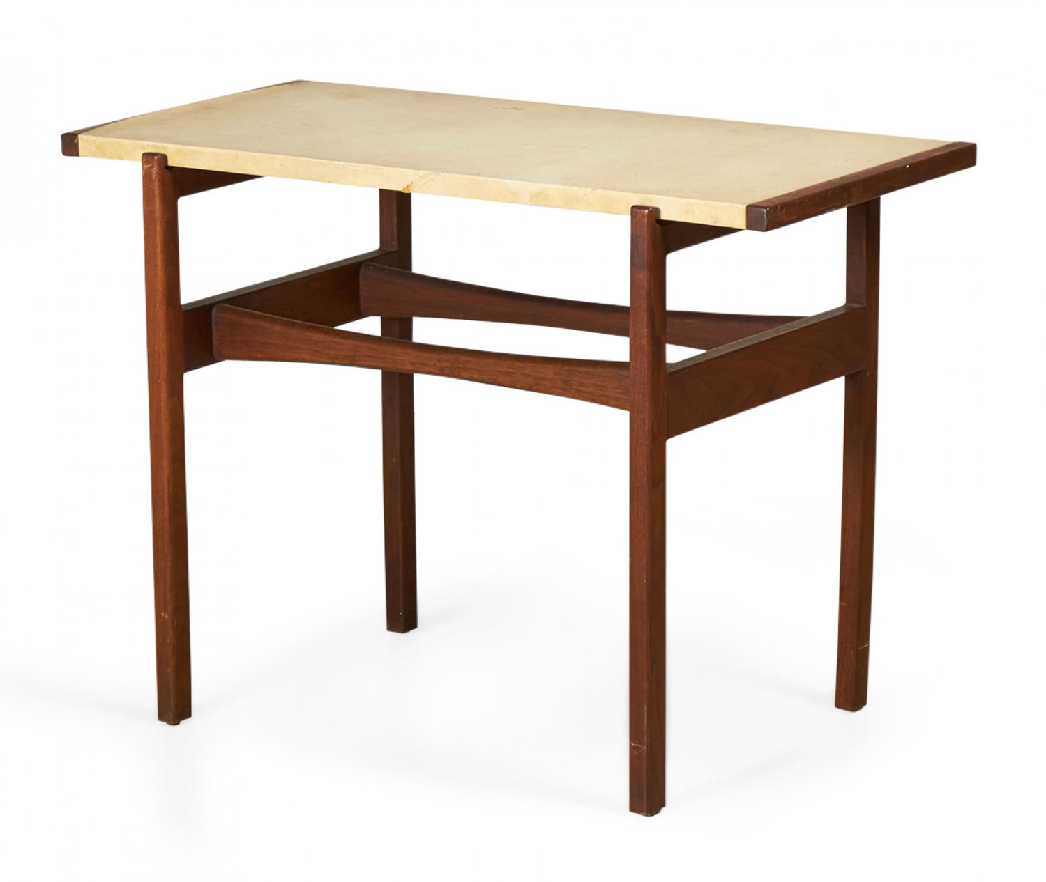 Jens Risom Danish Mid Century Beige Leather and Walnut Console Table