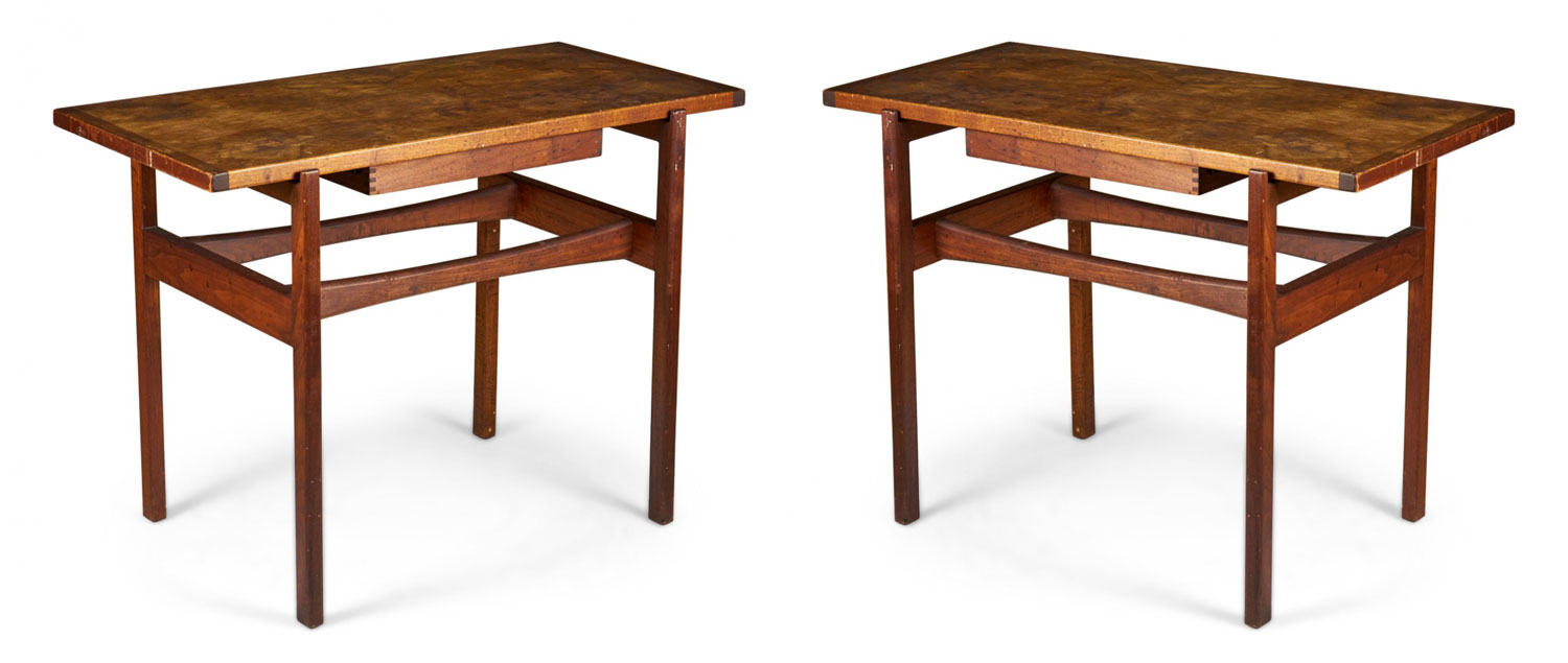 Pair of Jens Risom Danish Mid Century Walnut Single Drawer Console Tables