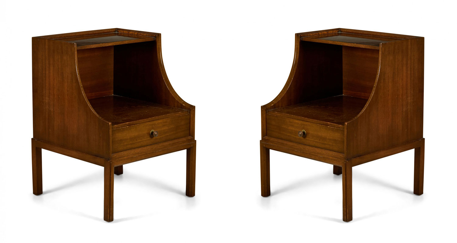 Pair of Tommi Parzinger for Charak American Mid Century Walnut Scoop Front Bedside Tables Nightstands