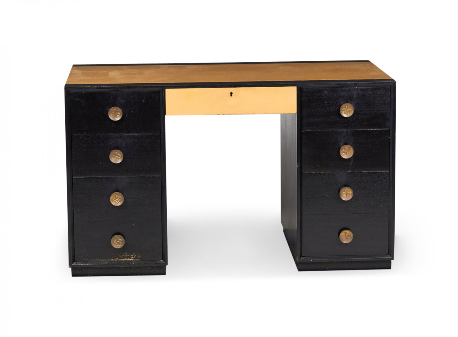Tommi Parzinger for Charack American Mid Century Blond Maple and Black Lacquer Kneehole Desk