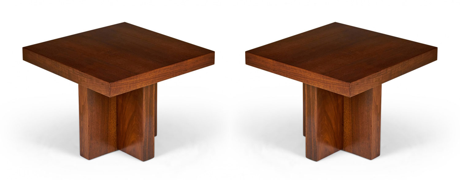 Pair of Milo Baughman American Mid Century Walnut Cruciform Base Side End Tables