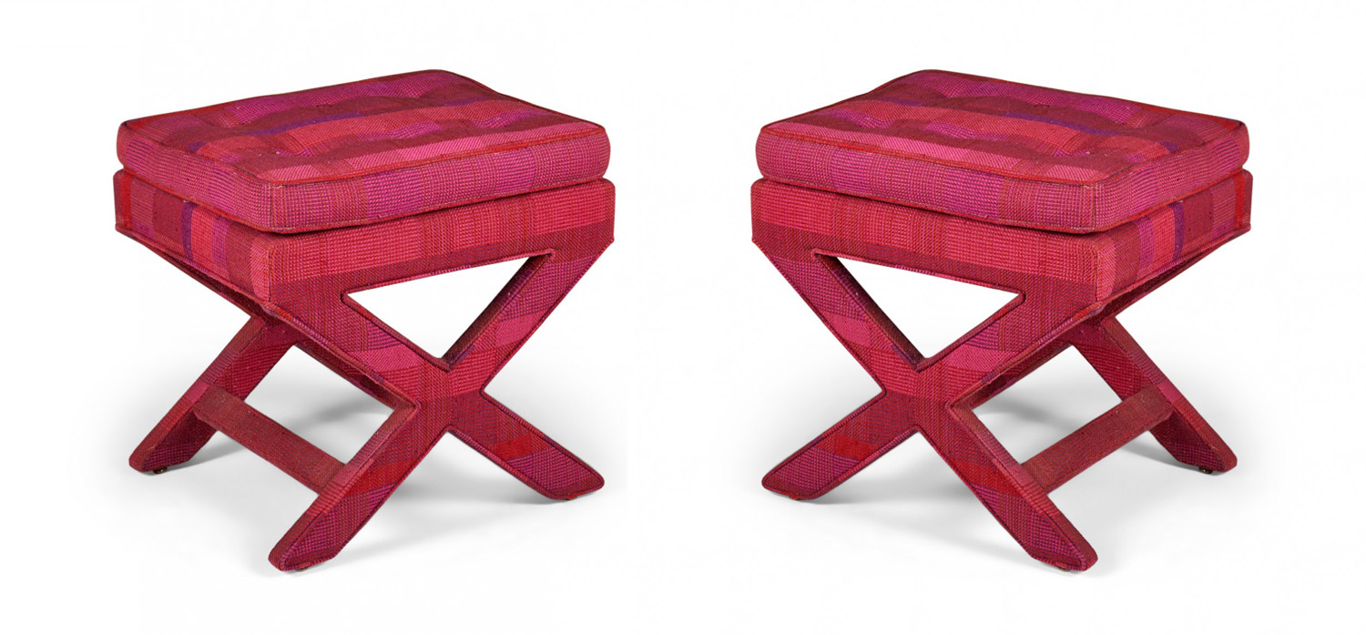 Pair of American Contemporary Magenta Upholstered X Base Tufted Benches manner of Billy Baldwin