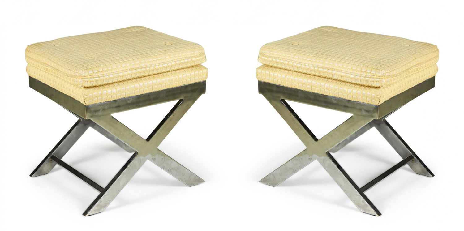Pair of Weiman Warren Italian Mid Century X Base Yellow and Beige Upholstered Stools