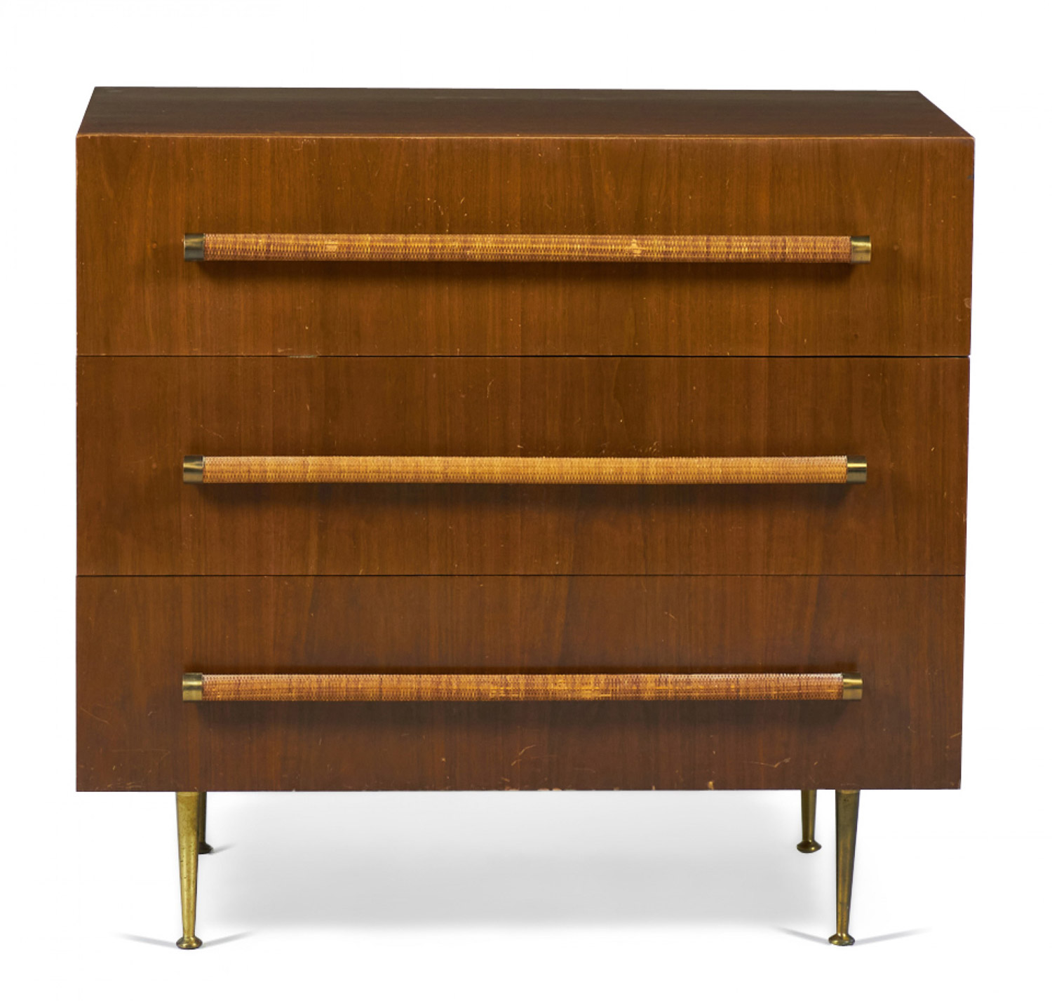 TH Robsjohn Gibbings for Widdicomb Mid Century Walnut Three Drawer Chest of Drawers