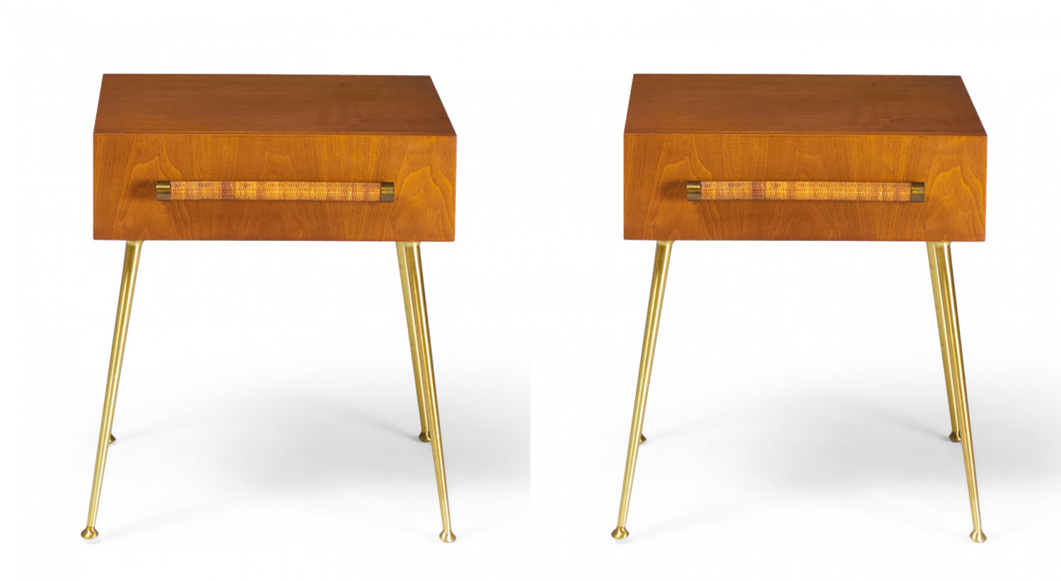 TH Robsjohn Gibbings for Widdicomb Mid Century Walnut Brass and Rattan Single Drawer Nightstands