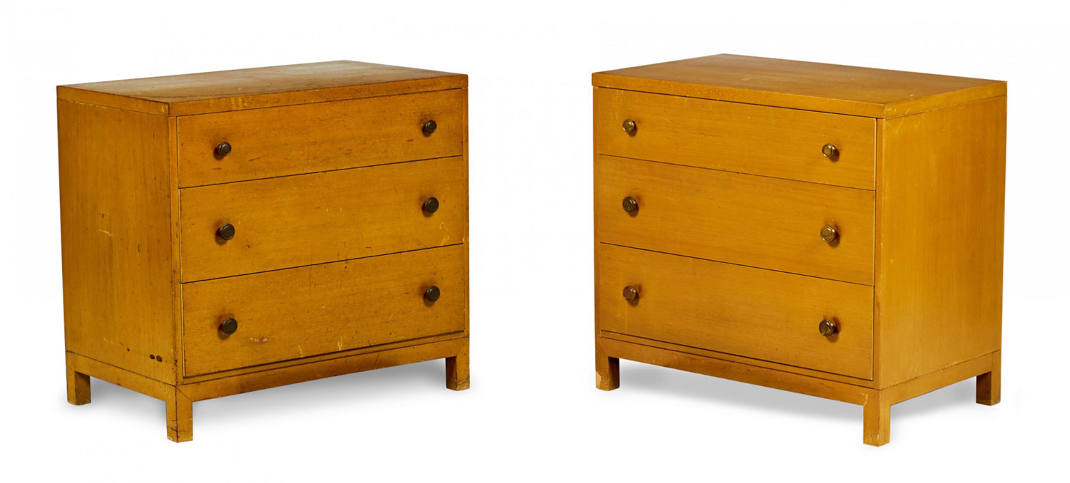 Pair of widdicomb modern american mid century walnut three drawer chests