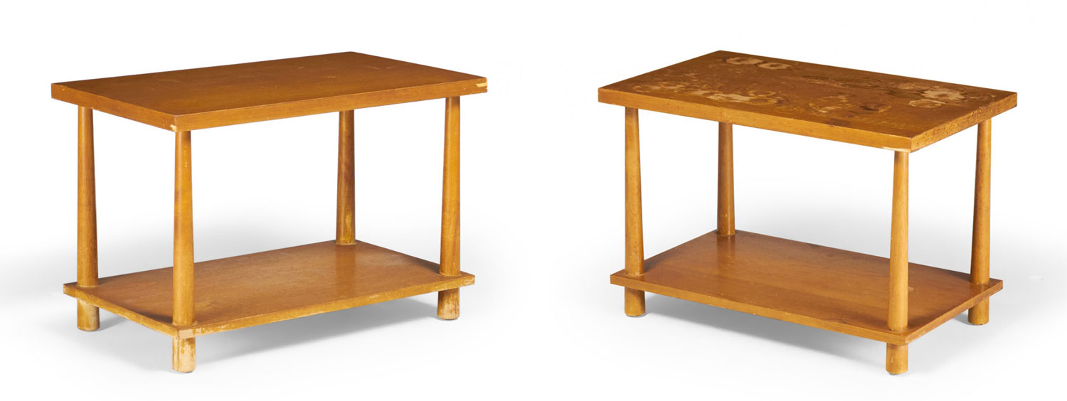 Pair of th robsjohn gibbings for widdicomb american mid century reverse tapered dowel leg end table