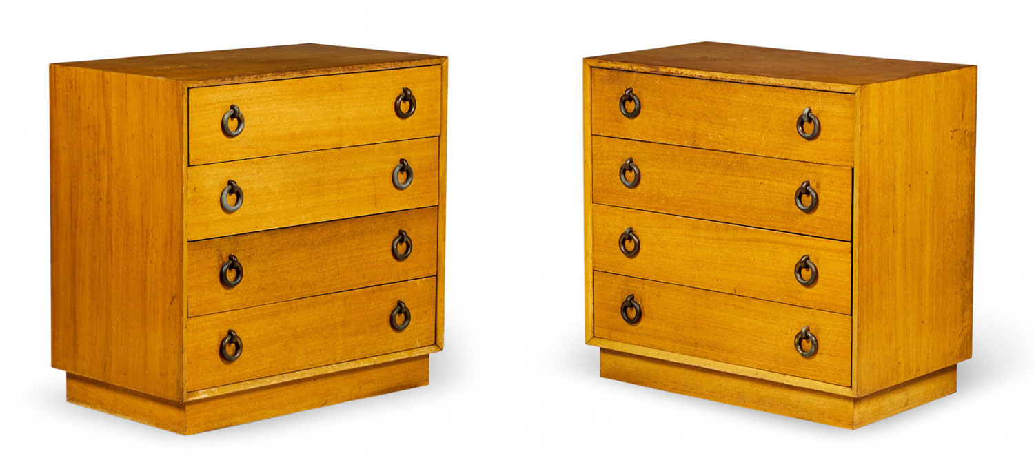 Pair of american mid century walnut and brass ring 4 drawer chest