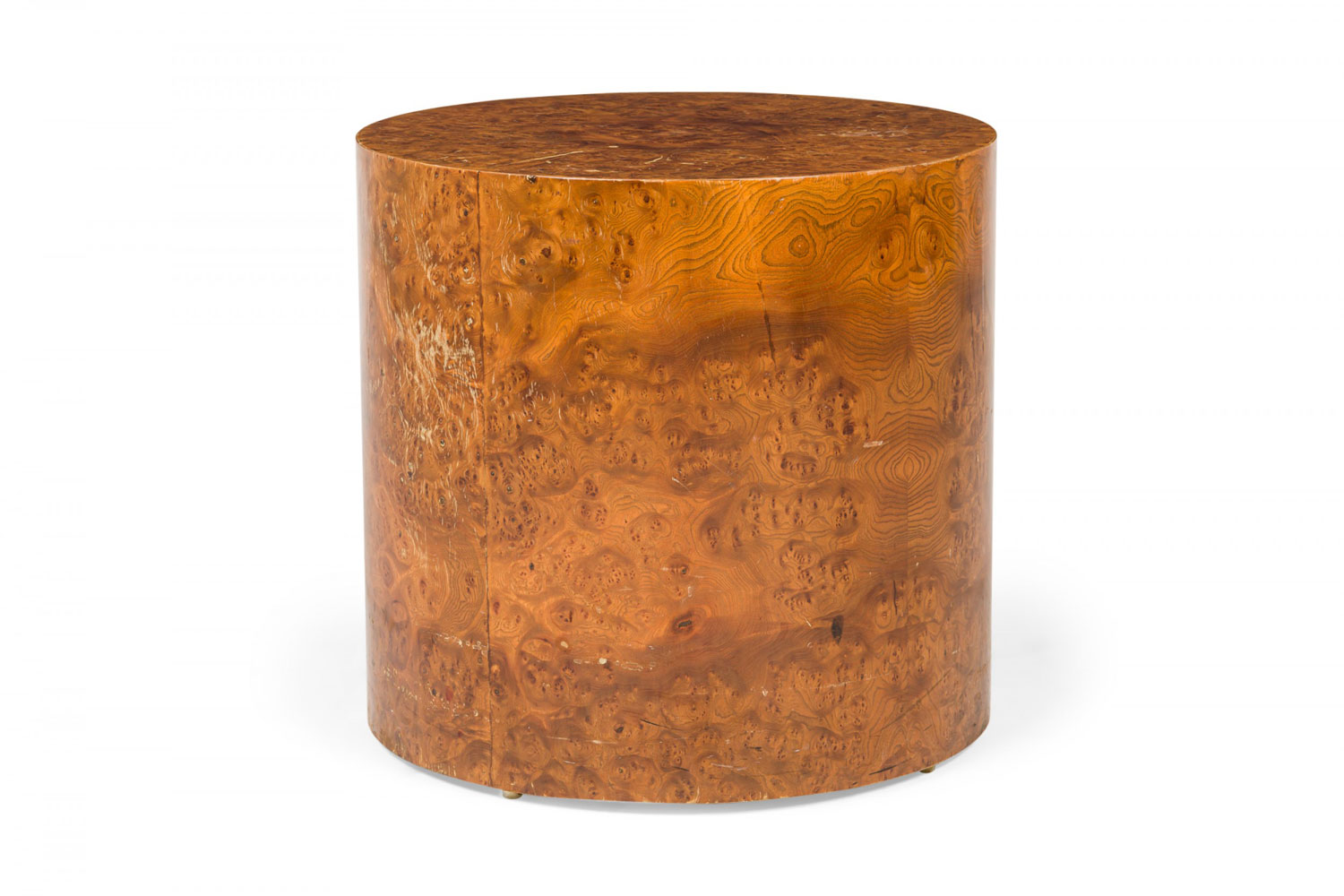 Milo Baughman for Directional American Mid Century Olive Ash Burl Drum Form End Side Table