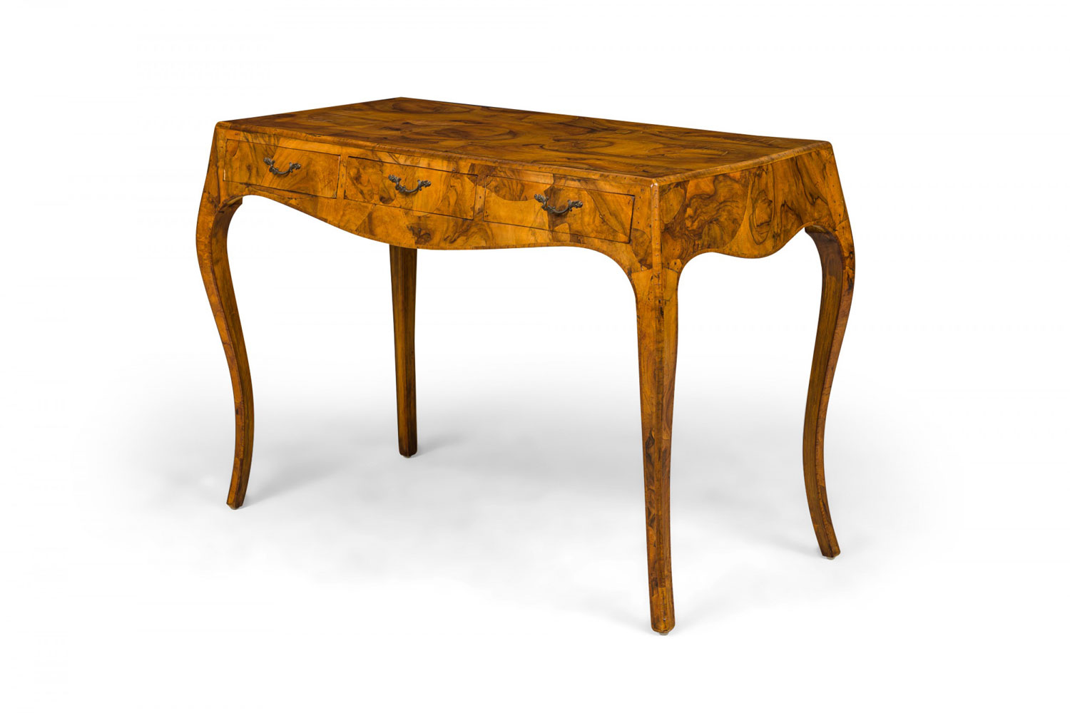 Italian Mid Century Oyster Burl Cabriole Leg Writing Table