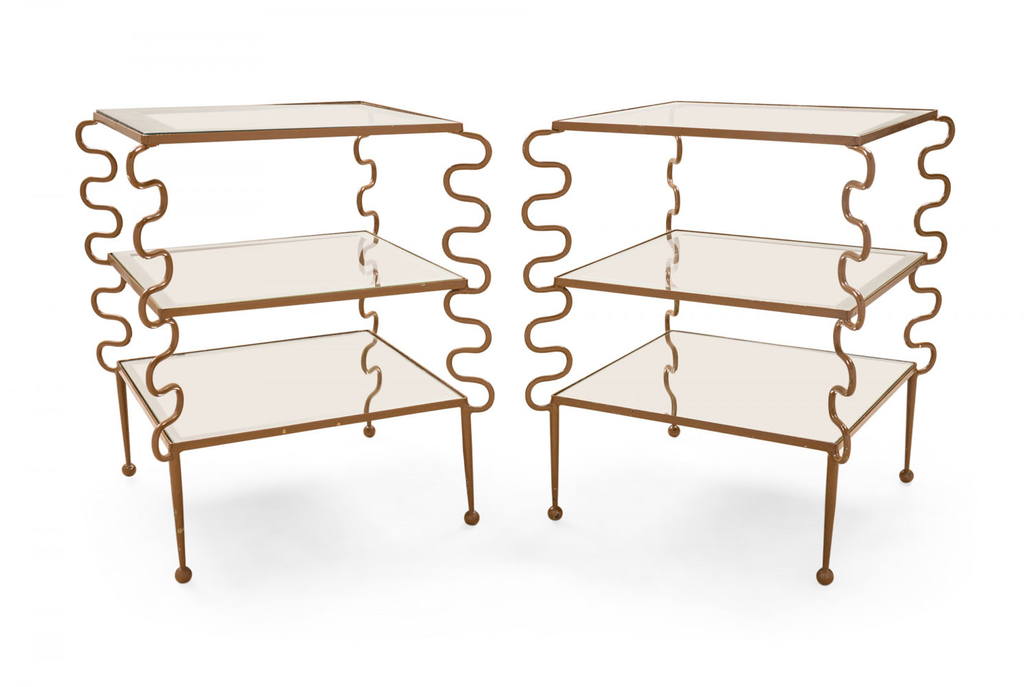 Pair of Jean Royere French Mid Century Ondulation Metal and Glass End Side Tables