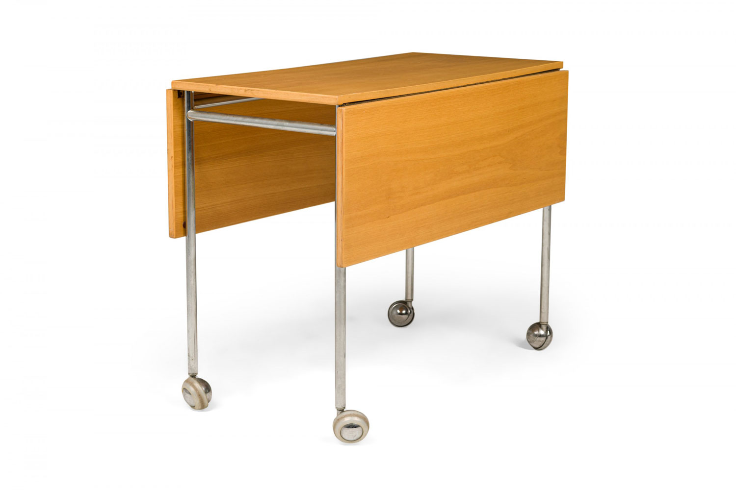 Bruno Mathsson Swedish Mid Century Drop Leaf Wood and Steel Rolling Work Table