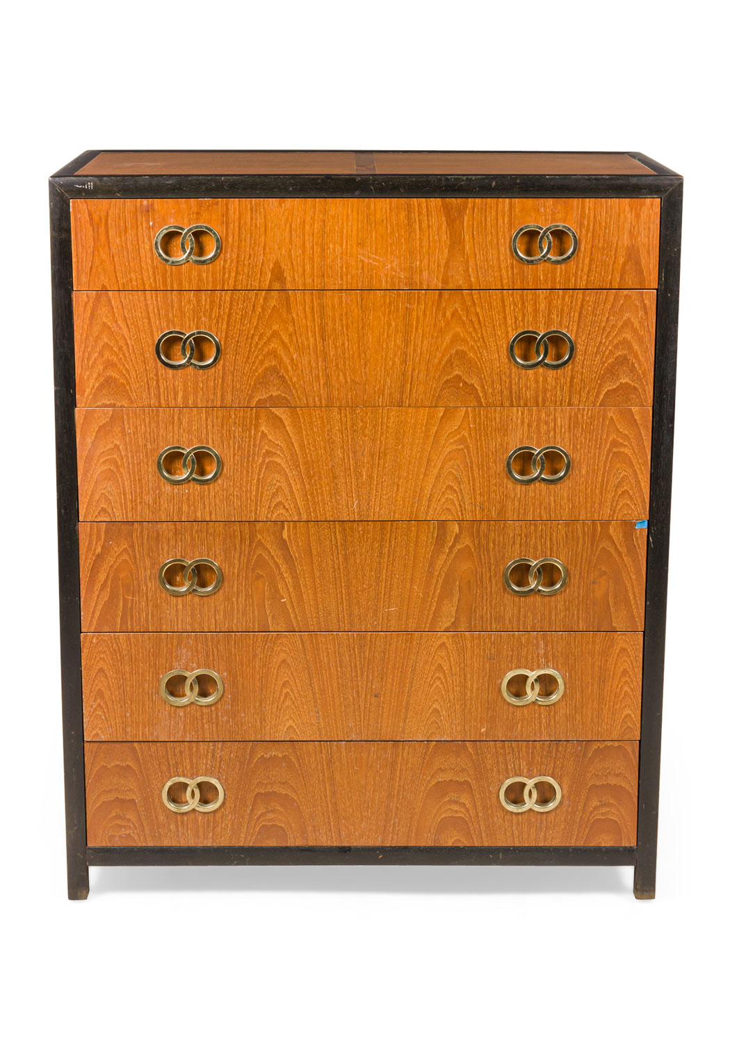 Michael Taylor for Baker Furniture Co Mid Century 6 Drawer Walnut and Interlocking Ring Handle High Chest