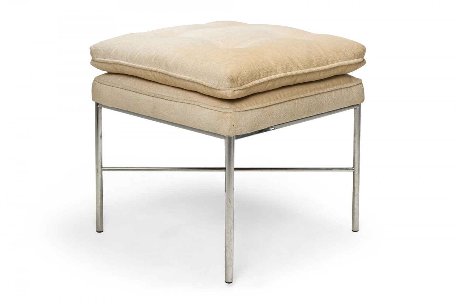 American Mid Century Chrome Tube and Beige Upholstered Square Bench (manner of DIA)