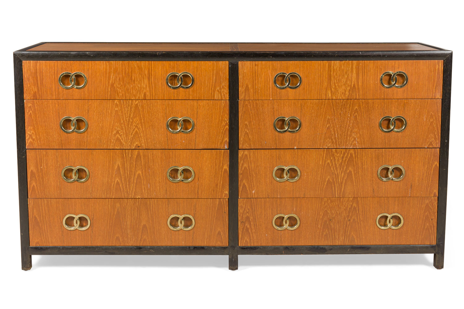 Michael Taylor for Baker Furniture Co American Mid Century 8 Drawer Walnut and Interlocking Brass Ring Pull Low Chest