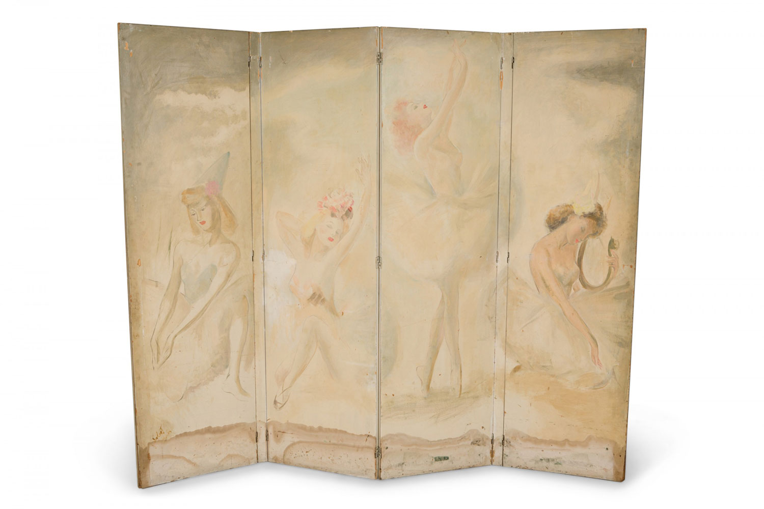 Mid Century Hand Painted Ballet Scene 4 Panel Standing Screen