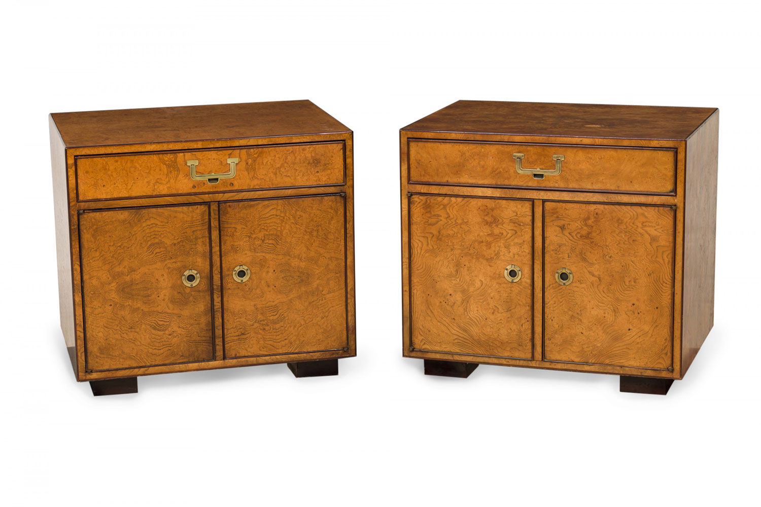 Pair of John Widdicomb American Mid Century Burl Veneer and Brass Nightstands Commodes