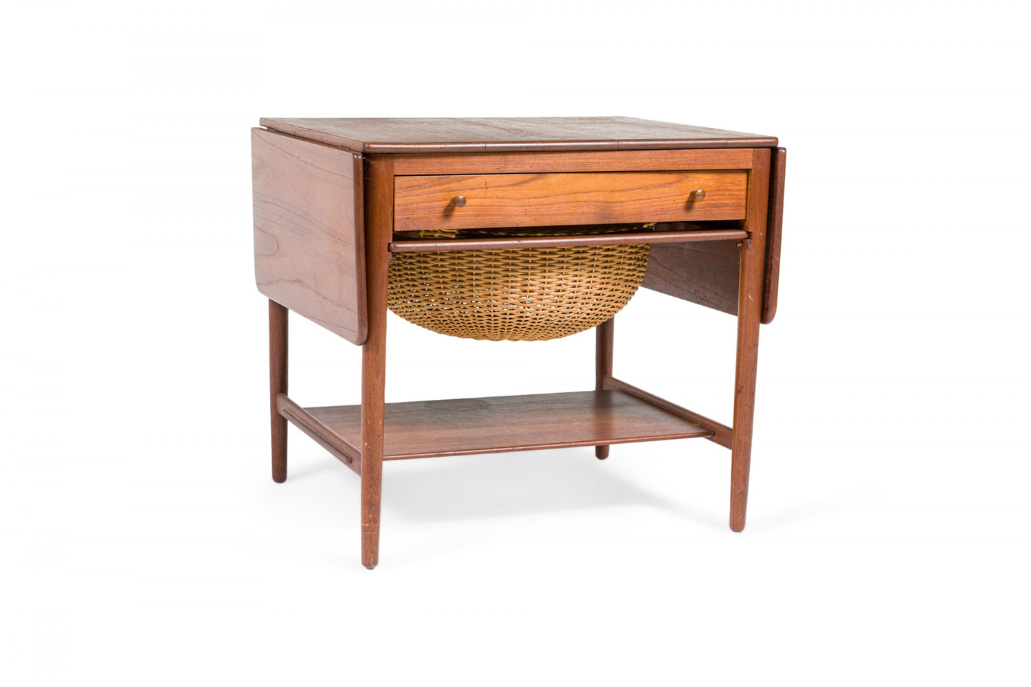 Hans Wegner for Andreas Tuck Danish Mid Century Teak and Wicker Drop Leaf Sewing Table 1