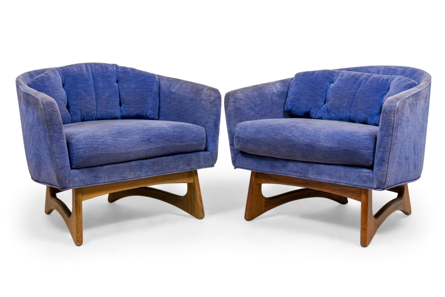 Pair of Adrian Pearsall for Craft Associates American Mid Century Walnut and Periwinkle Velour Curved Back Armchairs