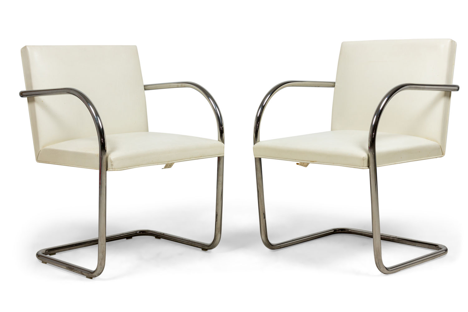 Pair of Mies van der Rohe for Knoll International Mid Century Brno White Leather and Chrome Tube Armchairs