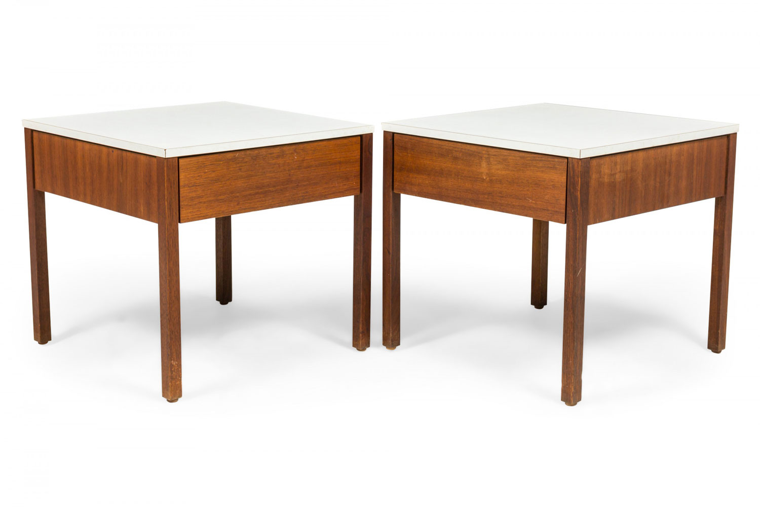 Pair of Florence Knoll Mid Century White Laminate and Walnut Square Nightstands End Tables