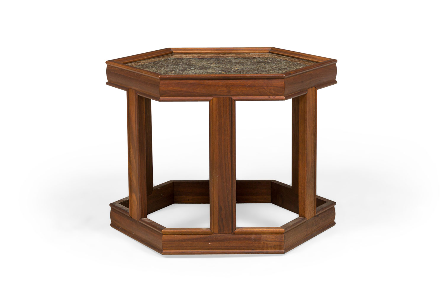 Pair of john keal mid century hexagonal reverse painted glass and walnut occasional end tables