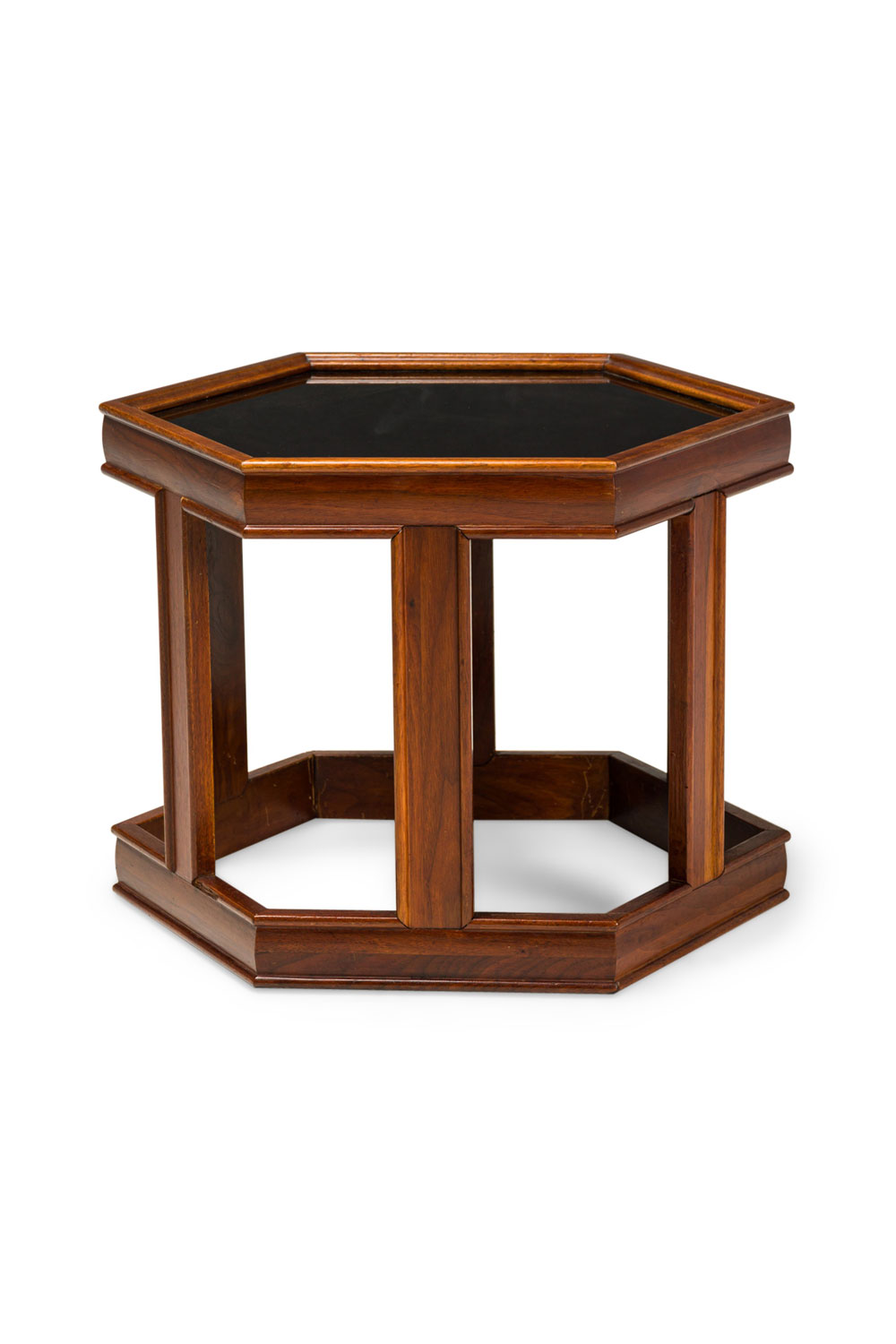 Pair of john keal mid century hexagonal black glass and Walnut occasional end table 2