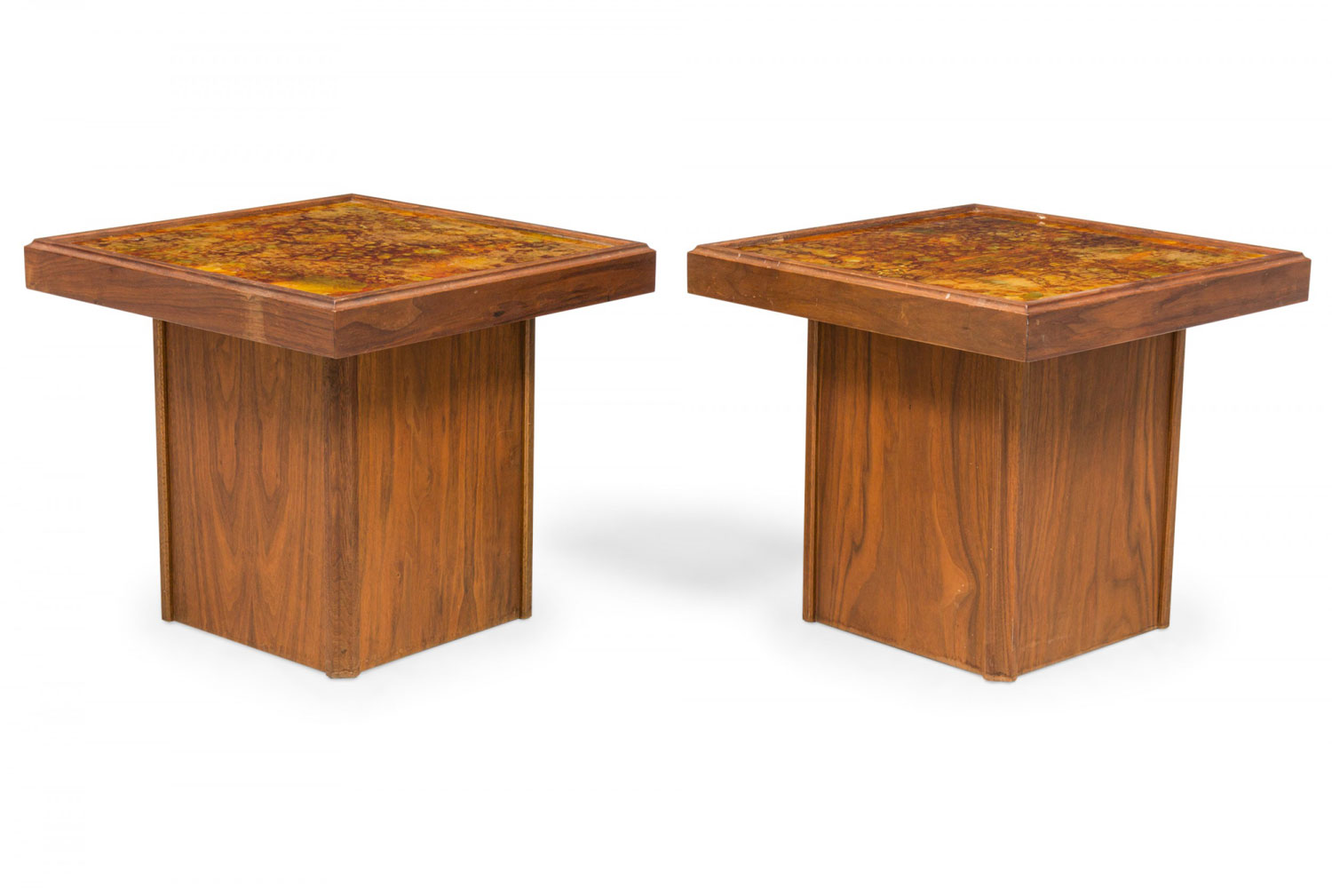 John Keal American Mid Century Square Reverse Painted Glass and Walnut End Side Tables