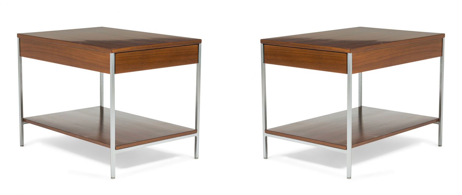 Pair of George Nelson for Herman Miller Mid Century Walnut Veneer and Satin Chrome End Side Tables 1