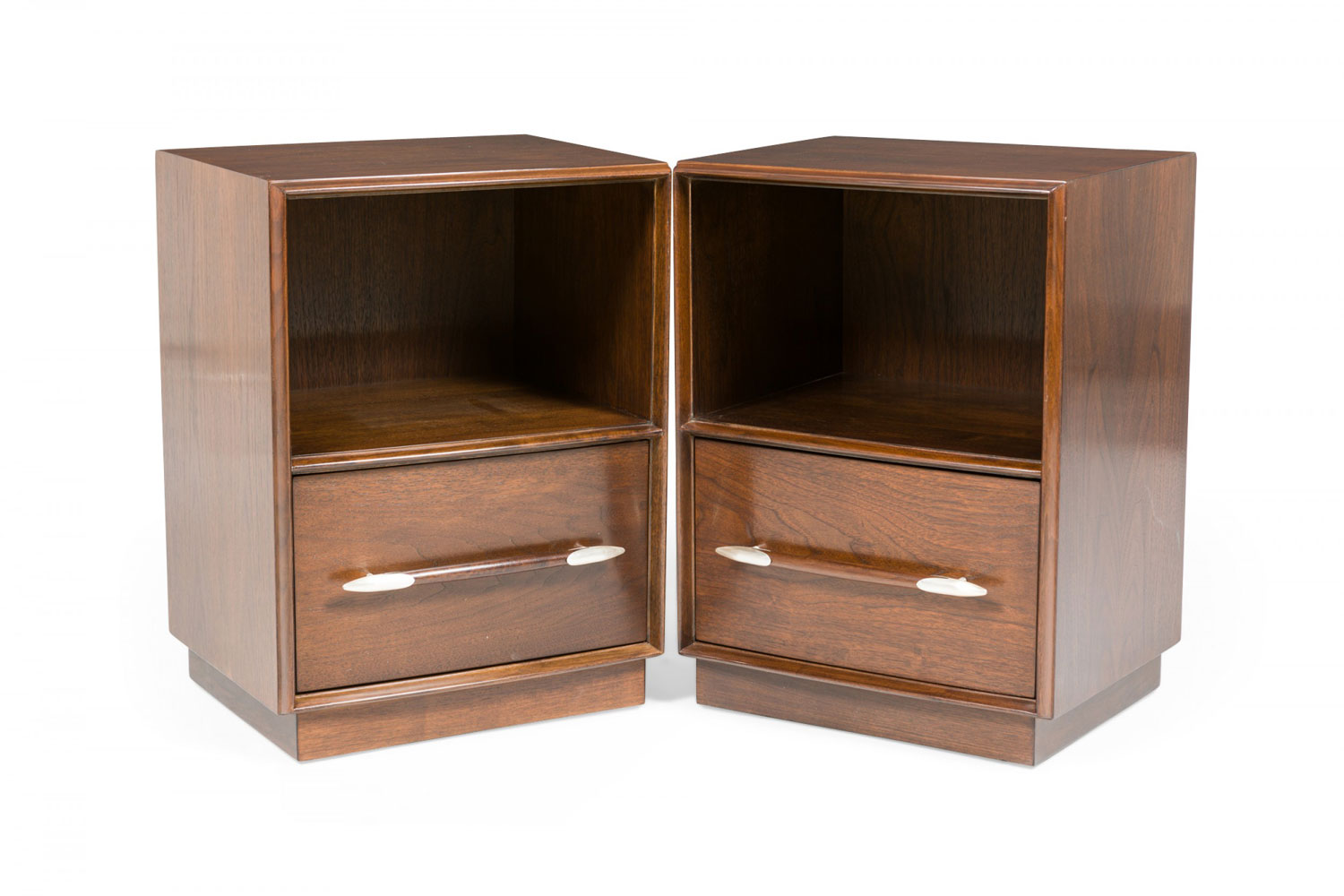 Pair of TH Robsjohn Gibbings Walnut Single Drawer Open Compartment Side End Tables