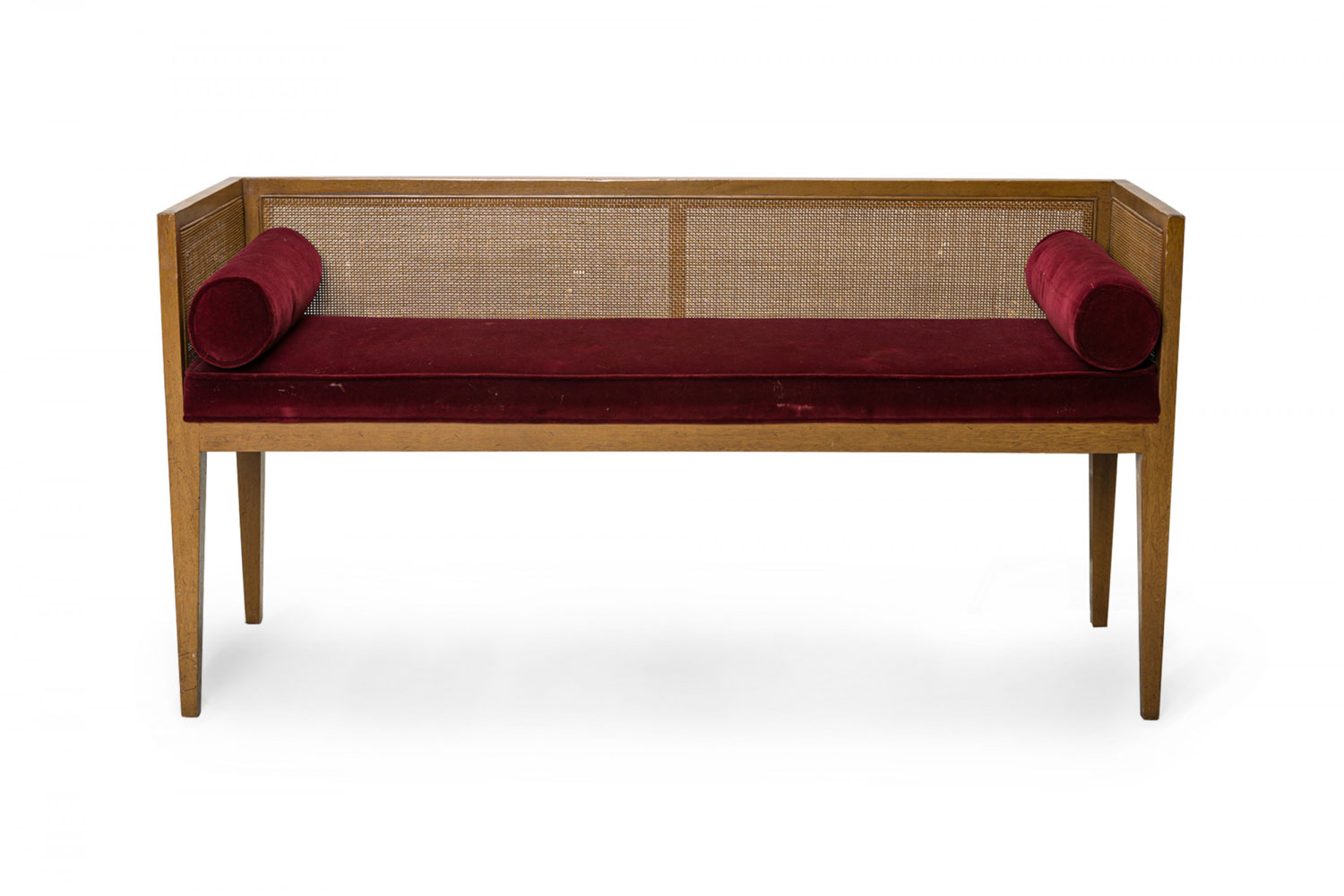 American Mid Century Walnut Caned Back and Burgundy Velour Upholstered Entry Bench