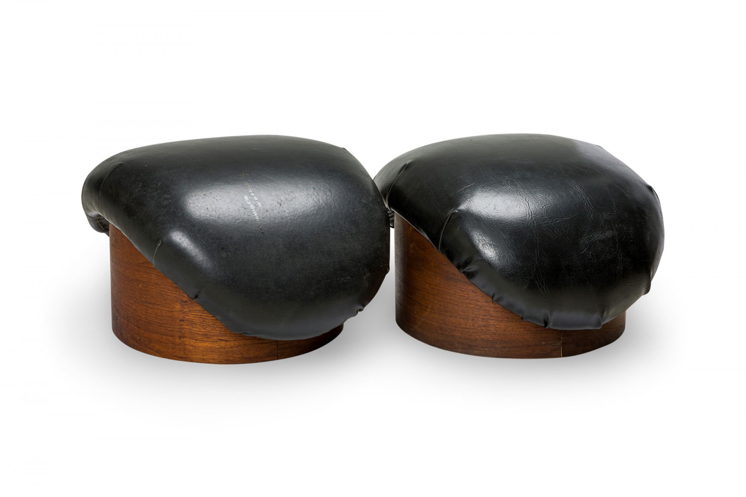 Pair of Milo Baughman for Thayer Coggin American Mid Century Curved Black Leather and Wood Ottomans