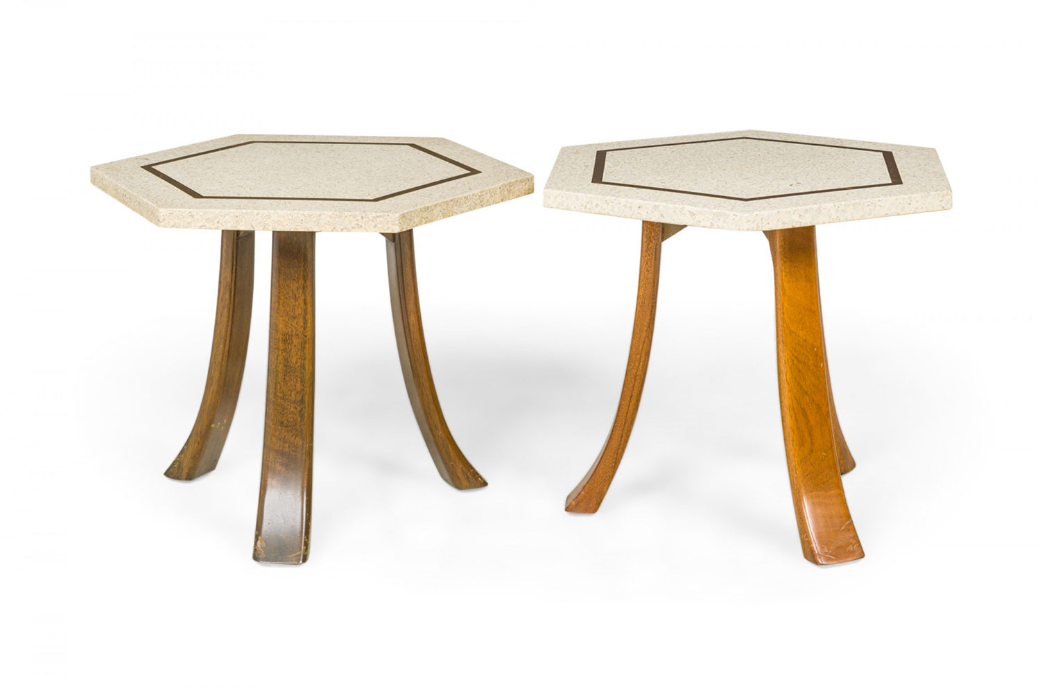Pair of Harvey Probber Mid Century White Terrazzo and Bronze Inlay Hexagonal End Side Tables 1