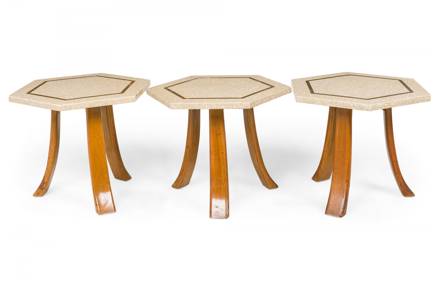 Set of 3 Harvey Probber Mid Century Beige Terrazzo and Bronze Inlay Hexagonal End Side Tables 3