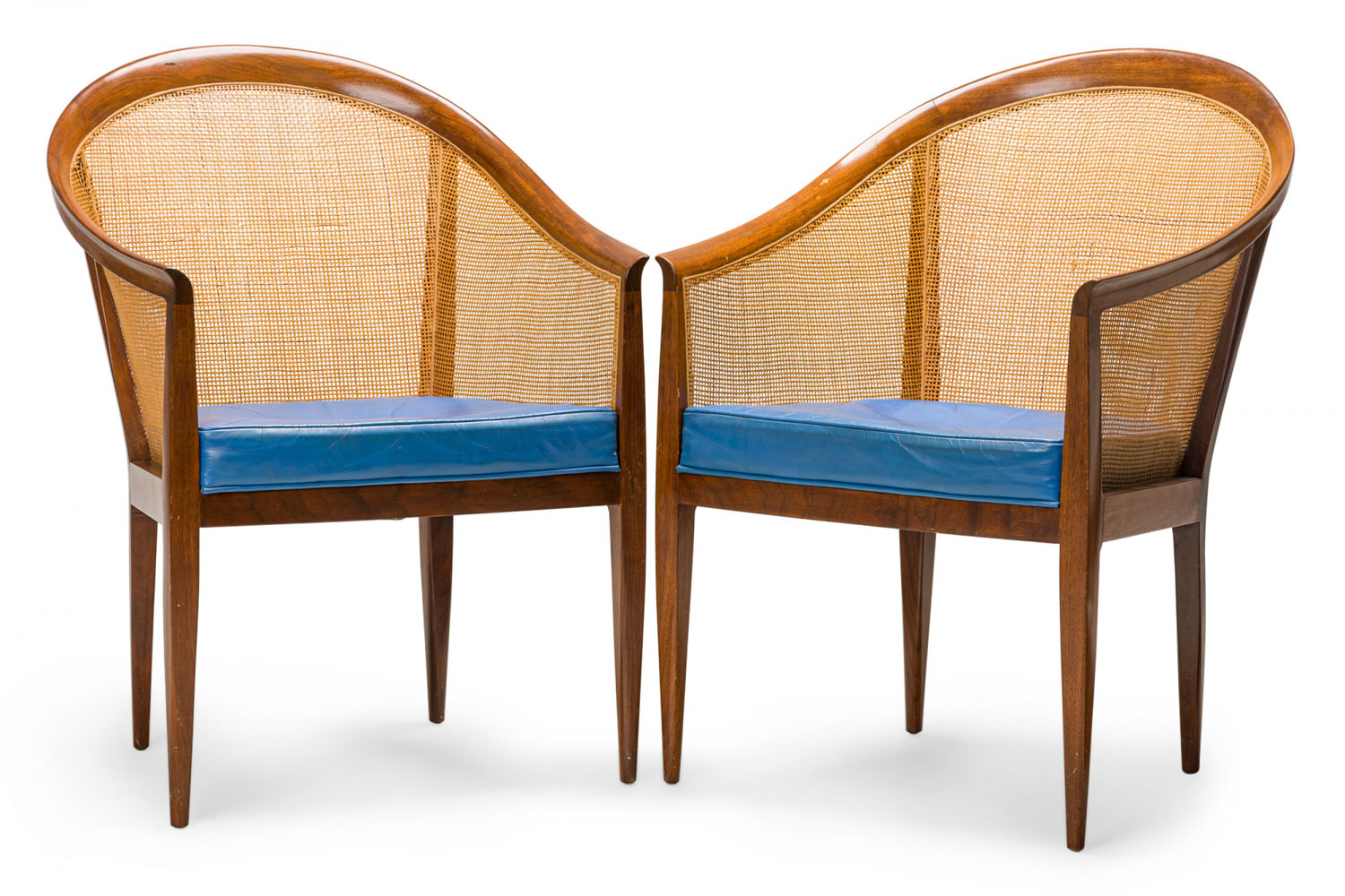 Pair of Kipp Stewart for Directional American Mid Century Walnut, Cane, and Blue Leather Chairs