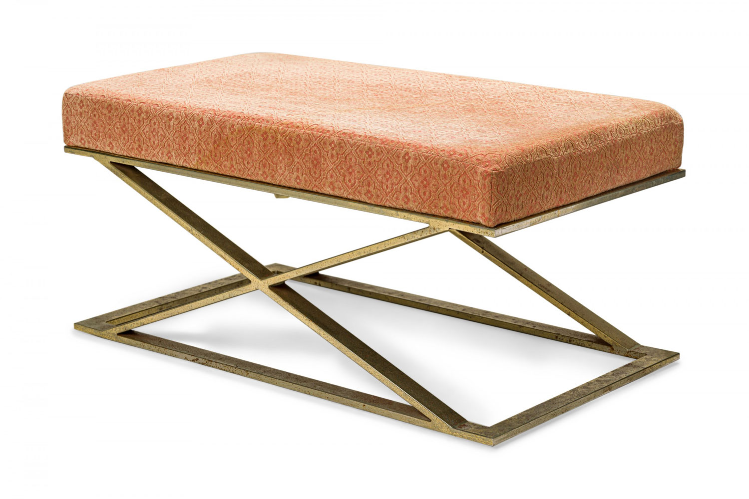 Milo Baughman Thayer Coggin American Mid Century Brass and Pink Floral Upholstered X Bench