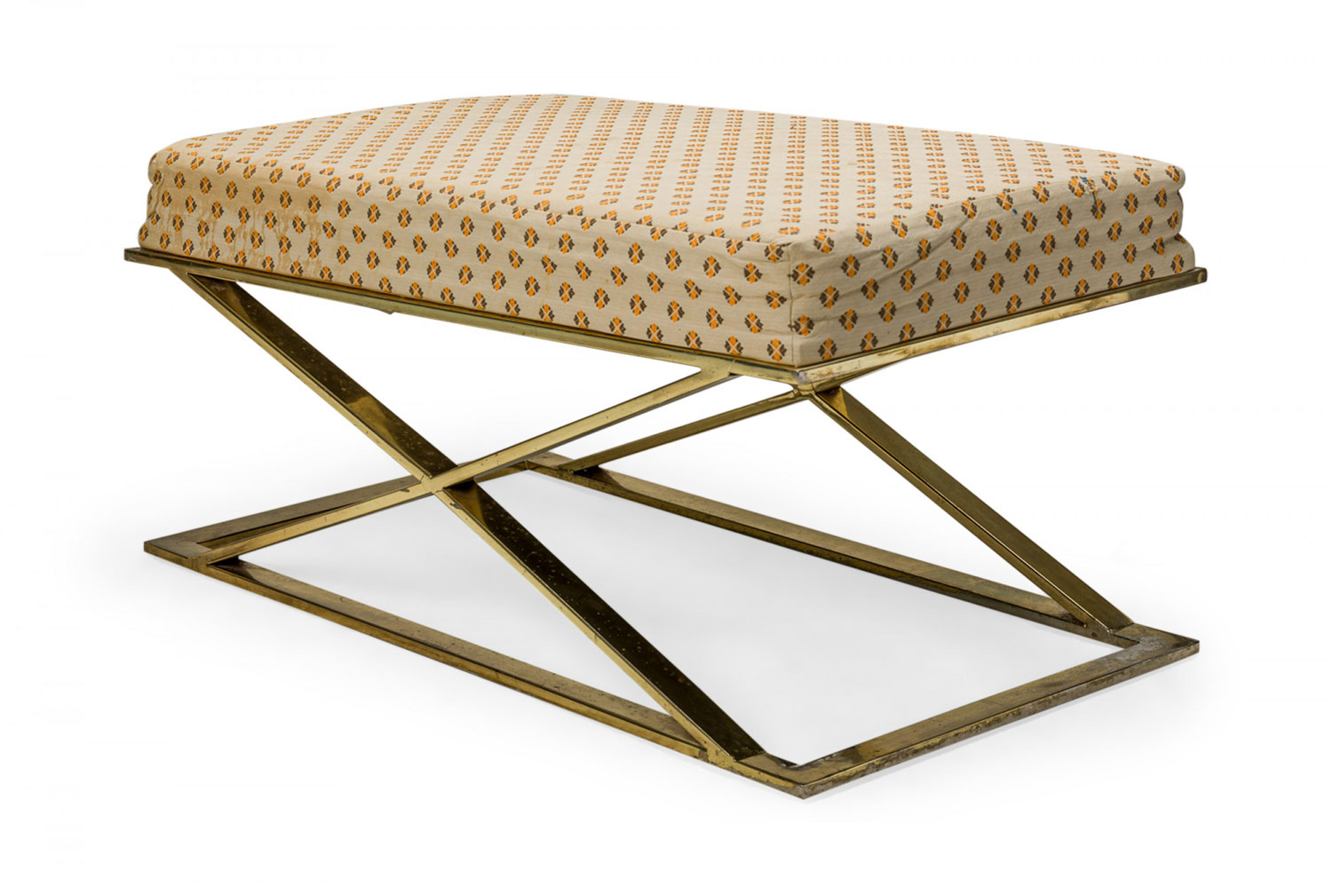 Milo Baughman Thayer Coggin American Mid Century Brass and Beige Patterned Upholstery X Bench