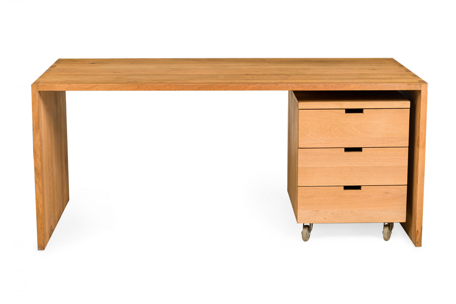 Contemporary Raw Oak Bracket Desk and Rolling Tabouret Set