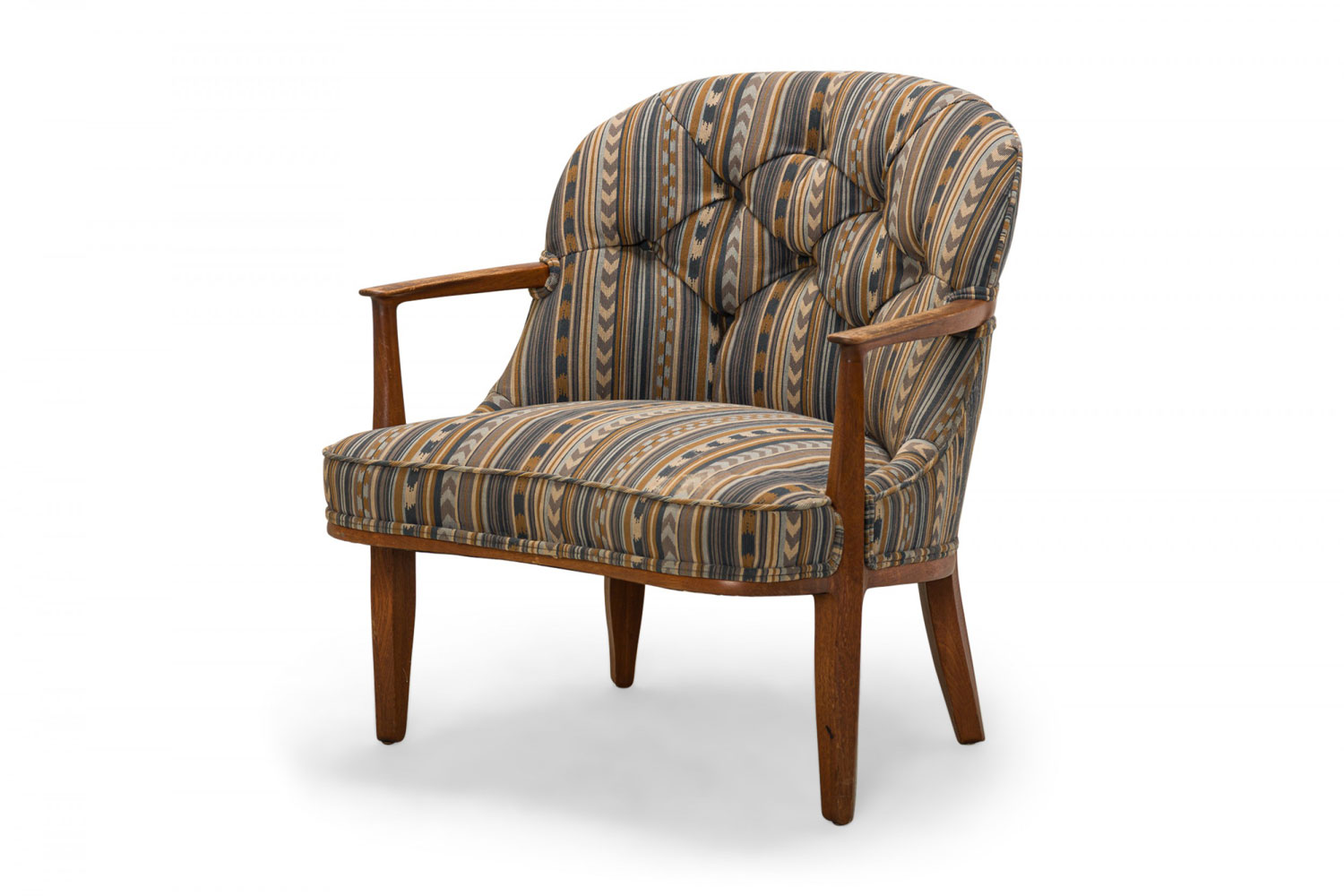 Edward Wormley for Dunbar Mid Century Blue Striped Upholstered Walnut Frame Janus Lounge Armchair