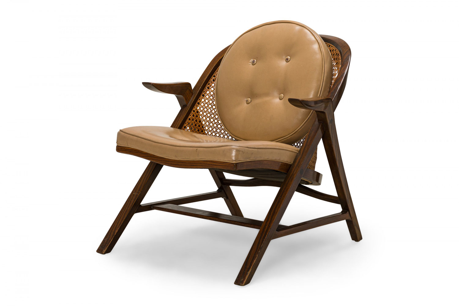 Edward Wormley for Dunbar American Mid Century Walnut Cane and Tan Leather Janus Lounge Armchair 1