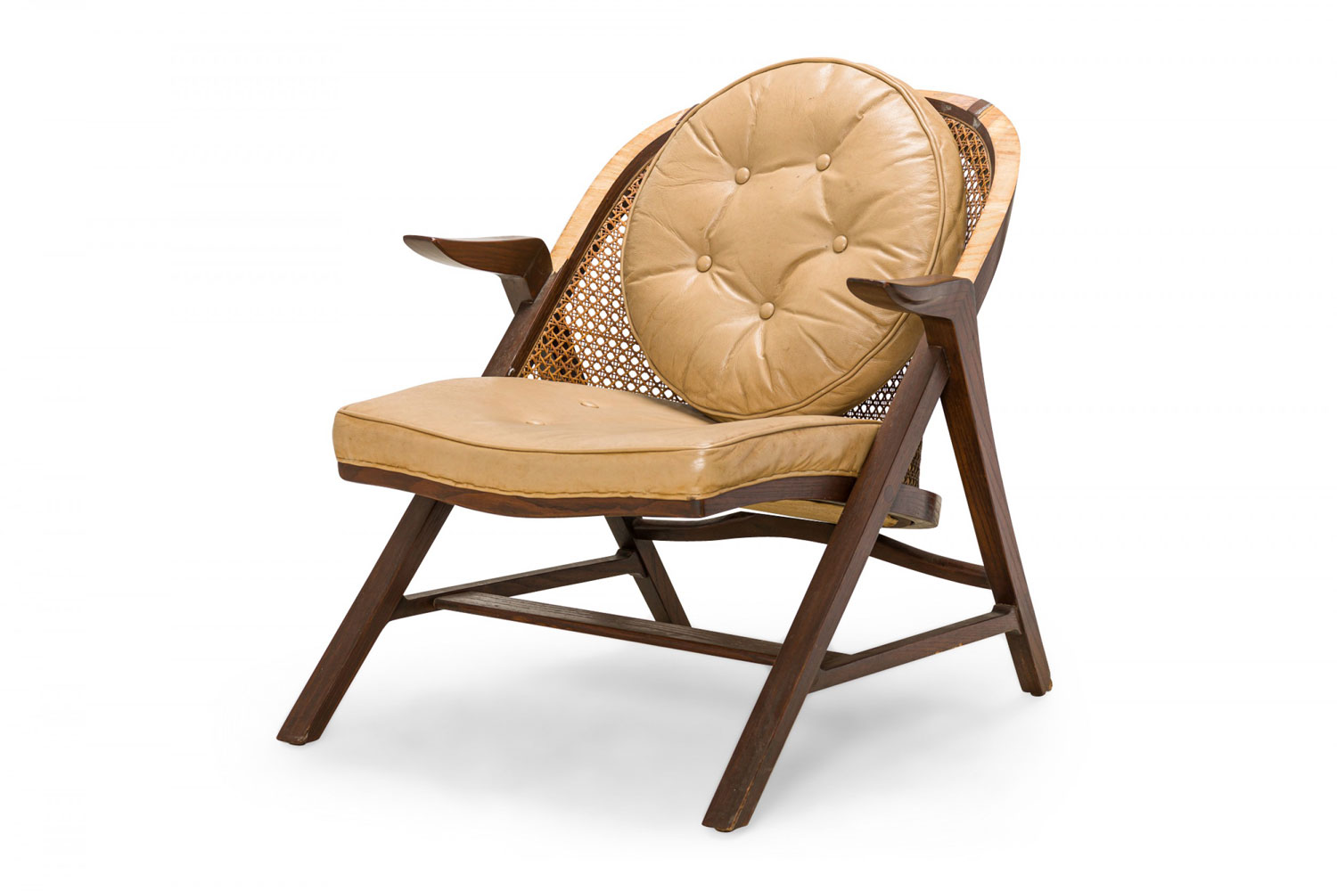 Edward Wormley for Dunbar American Mid Century Walnut Cane and Tan Leather Janus Lounge Armchair