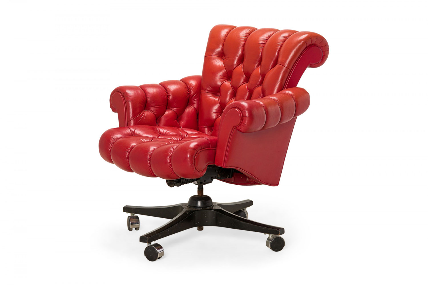 Edward J Wormley for Dunbar American Mid Century In Clover Tufted Red Leather Rolling Office Chair