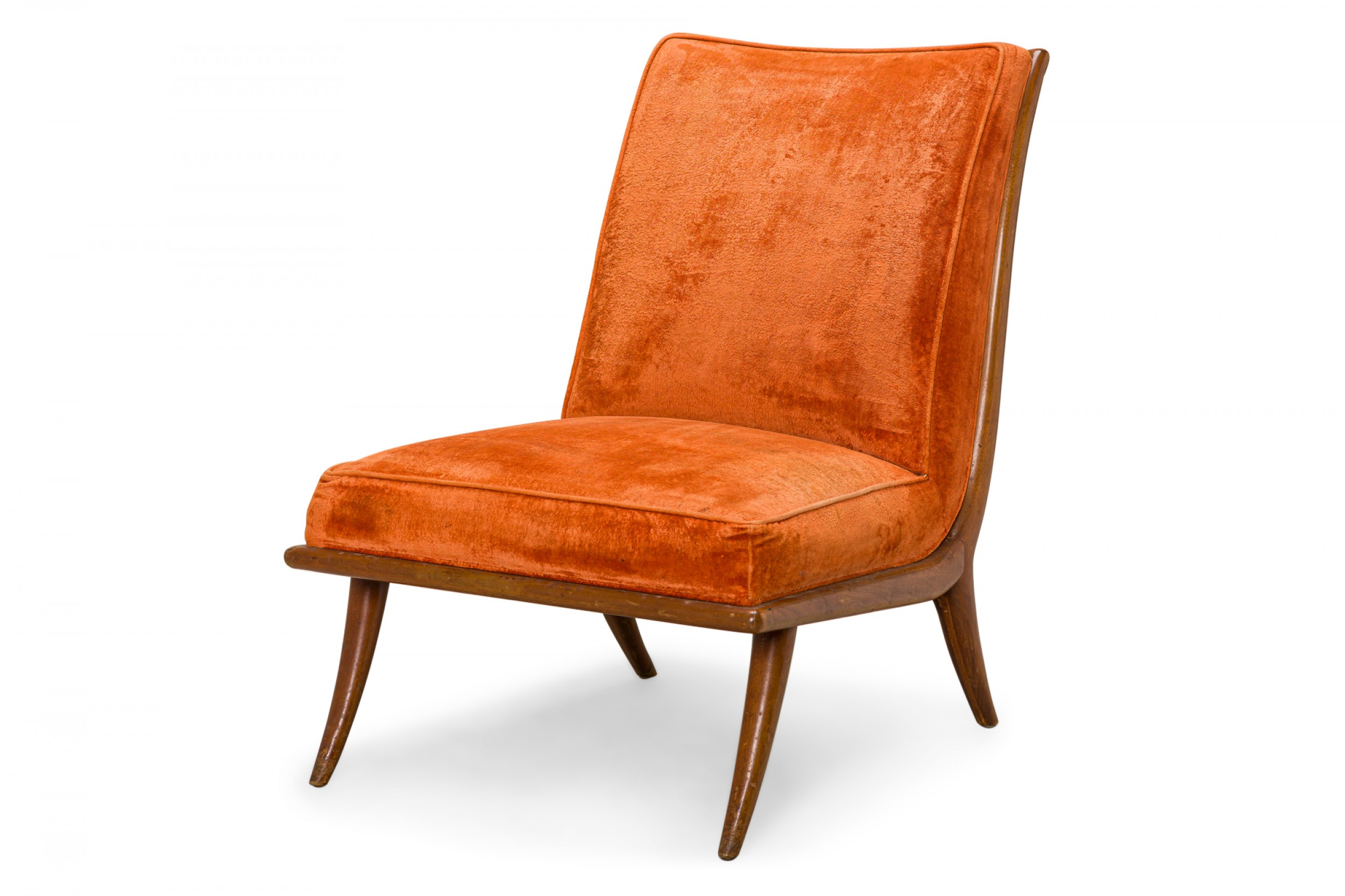 TH Robsjohn Gibbings for Widdicomb American Mid Century Orange Velour and Walnut Slipper Chair