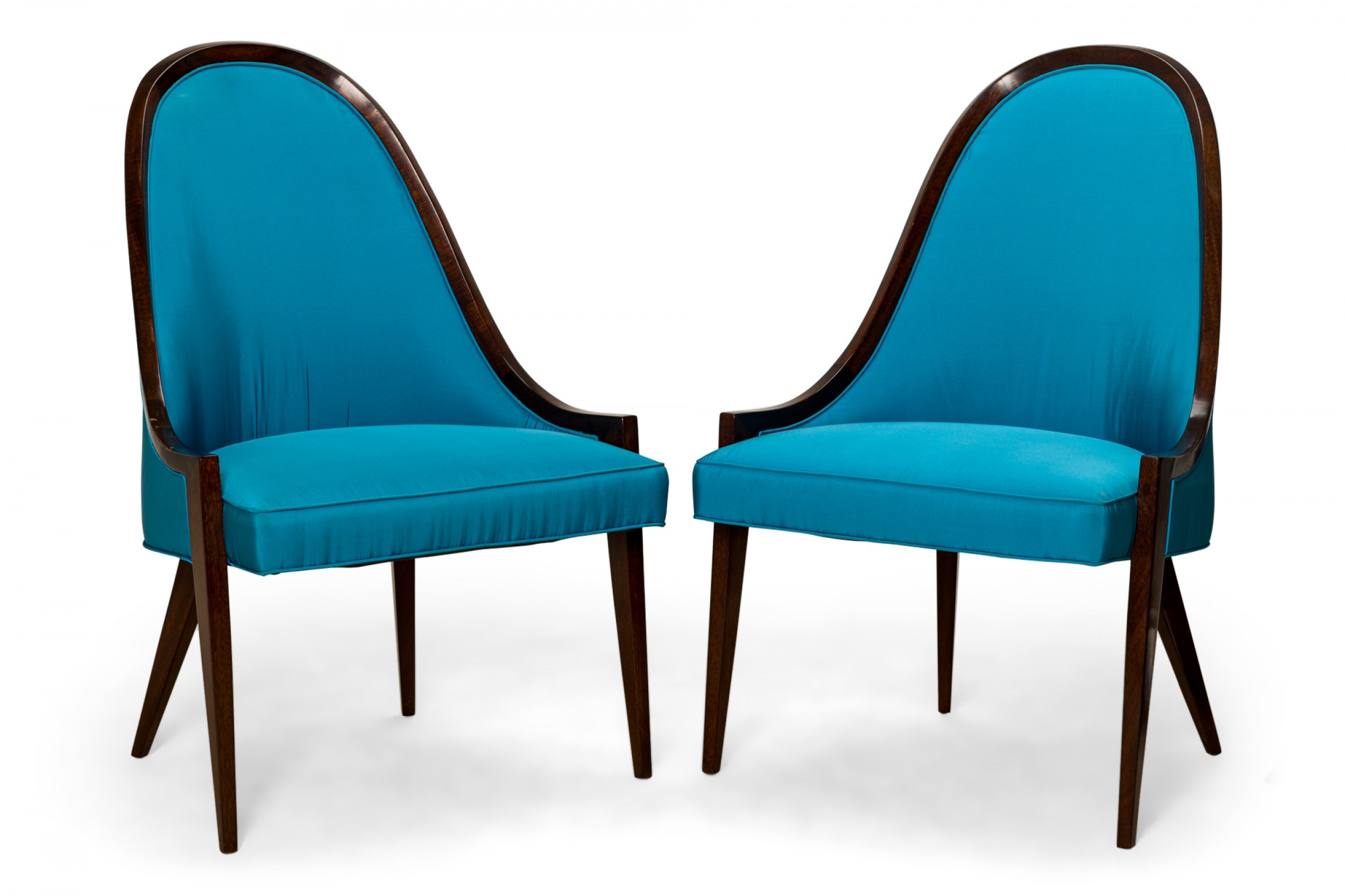 Pair of Harvey Probber American Mid Century Peacock Blue Gondola Mahogany Pull Up Side Chairs