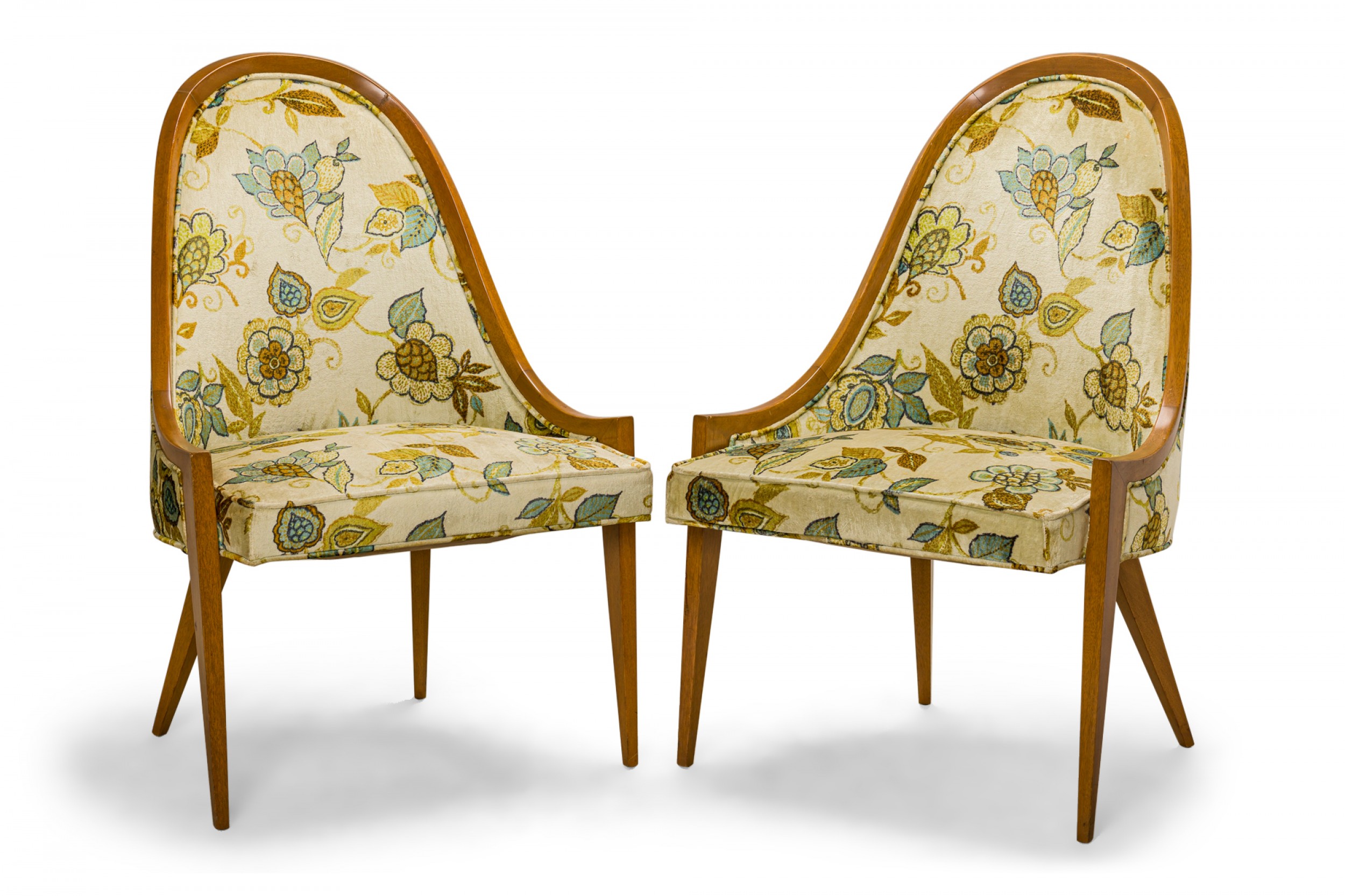 Pair of Harvey Probber American Mid Century Floral Print Gondola Mahogany Pull Up Side Chairs