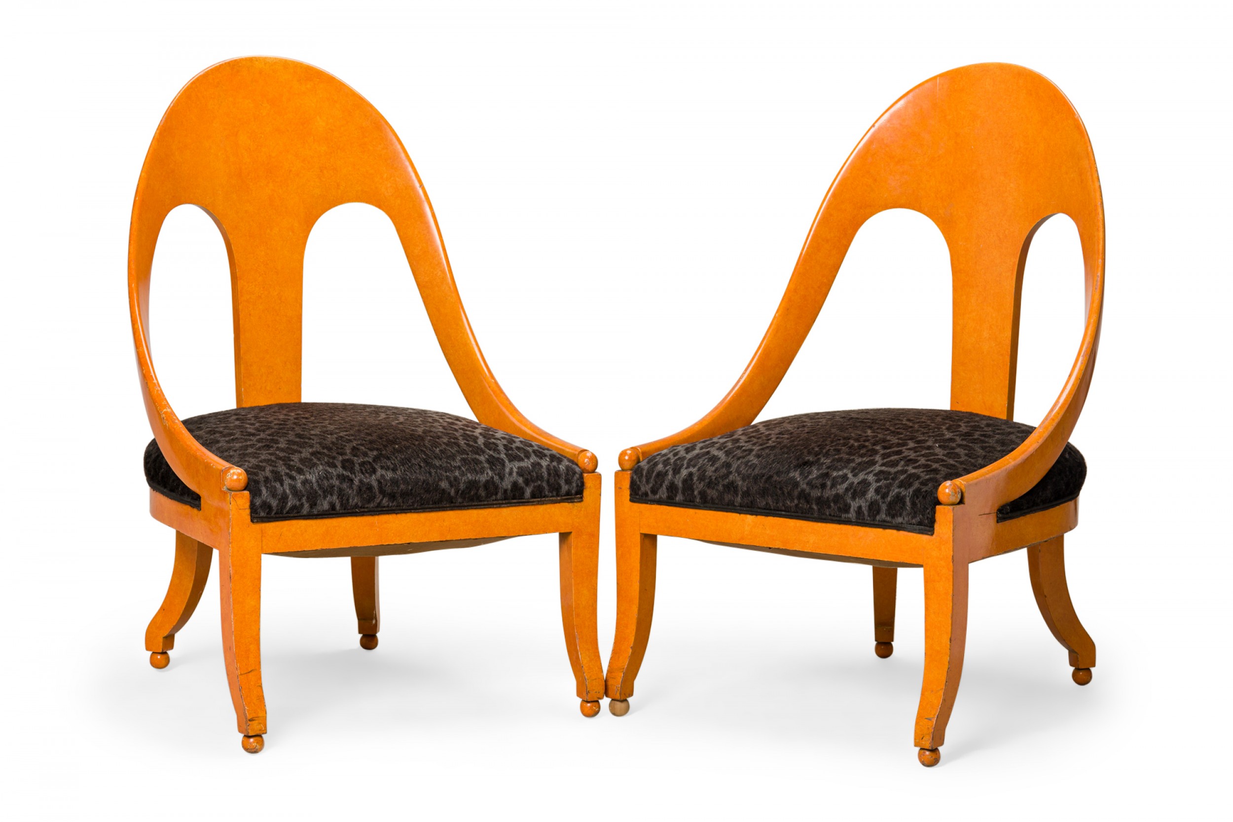 Pair of American Mid Century Orange Lacquer and Black Leopard Print Upholstery Spoonback Side Chairs