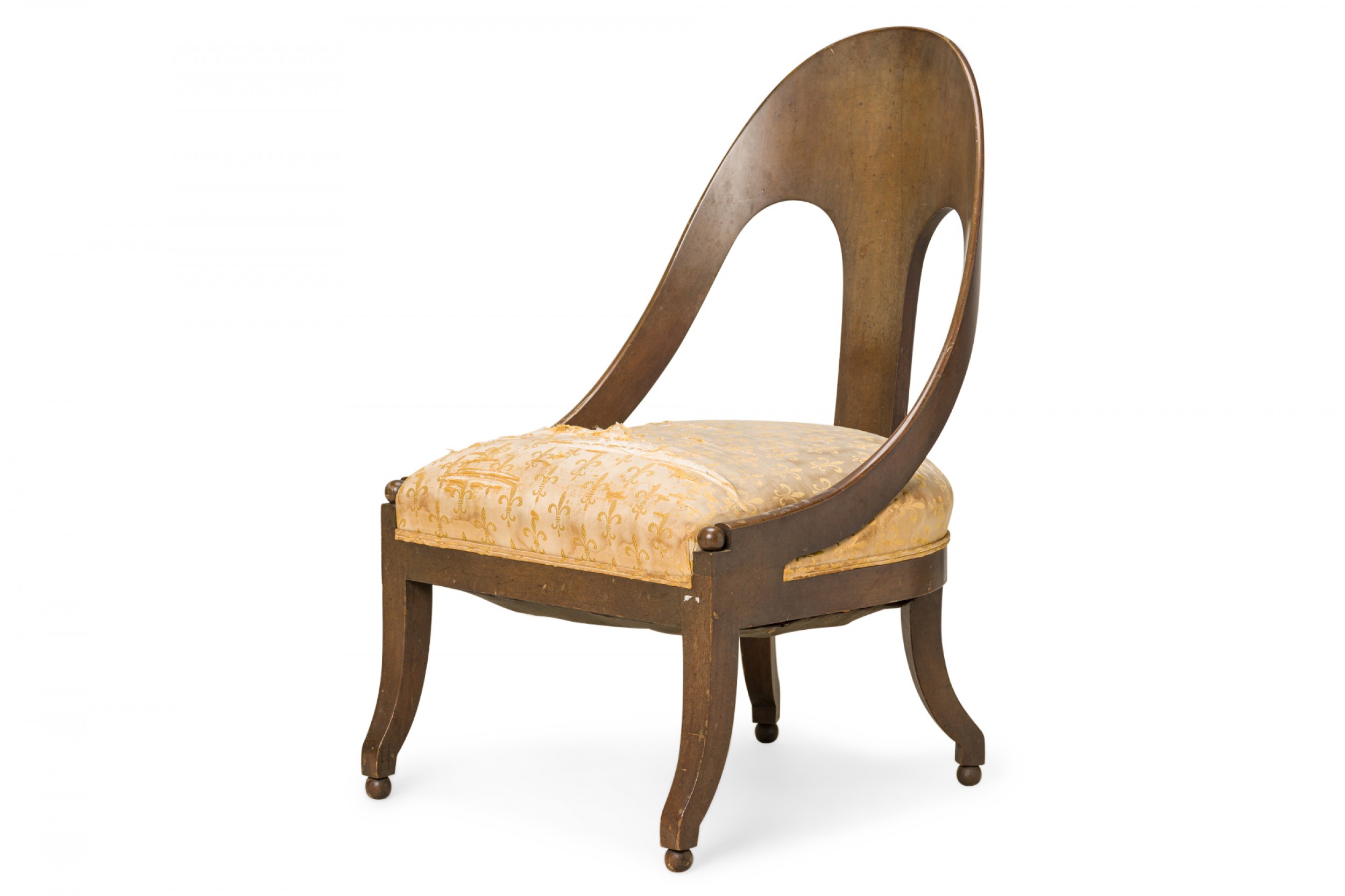 Pair of American Mid Century Walnut and Fleur De Lis Print Beige Upholstery Spoonback Side Chair