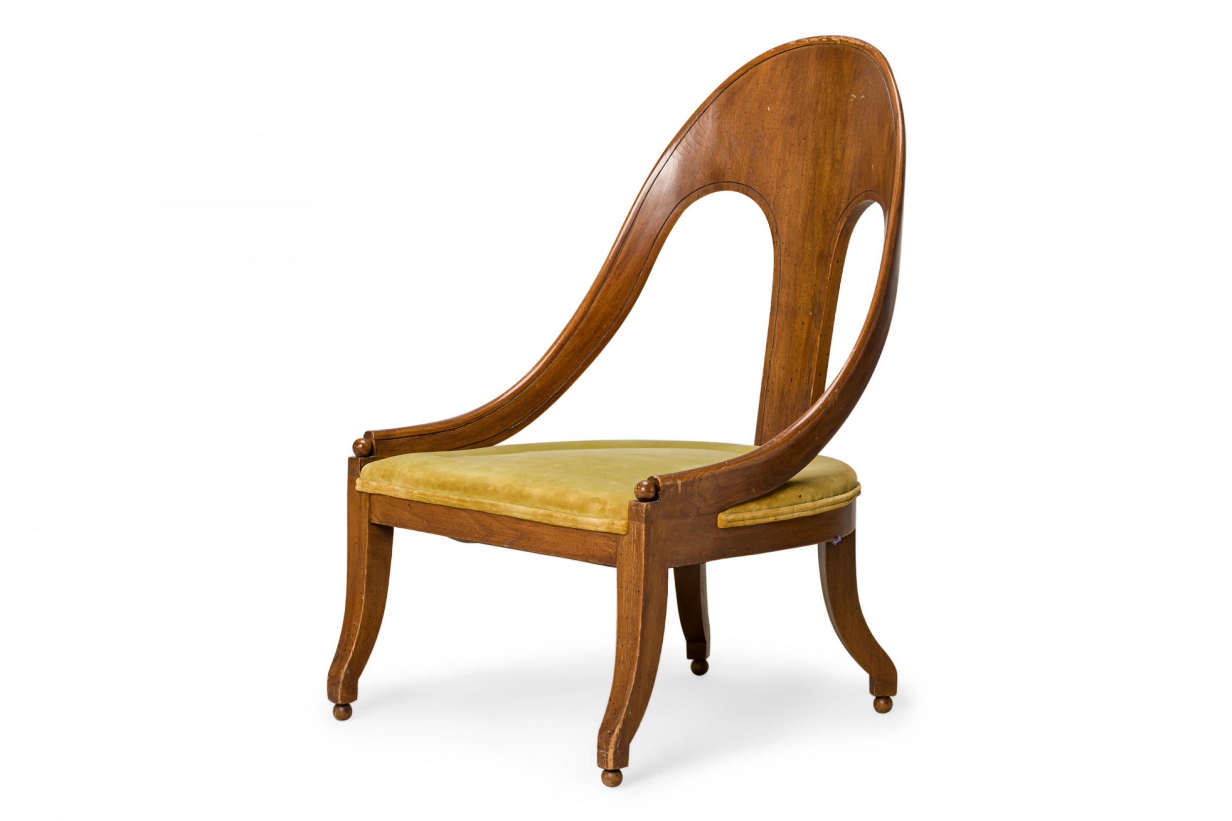 American Mid Century Walnut and Green Velvet Upholstery Spoonback Side Chair