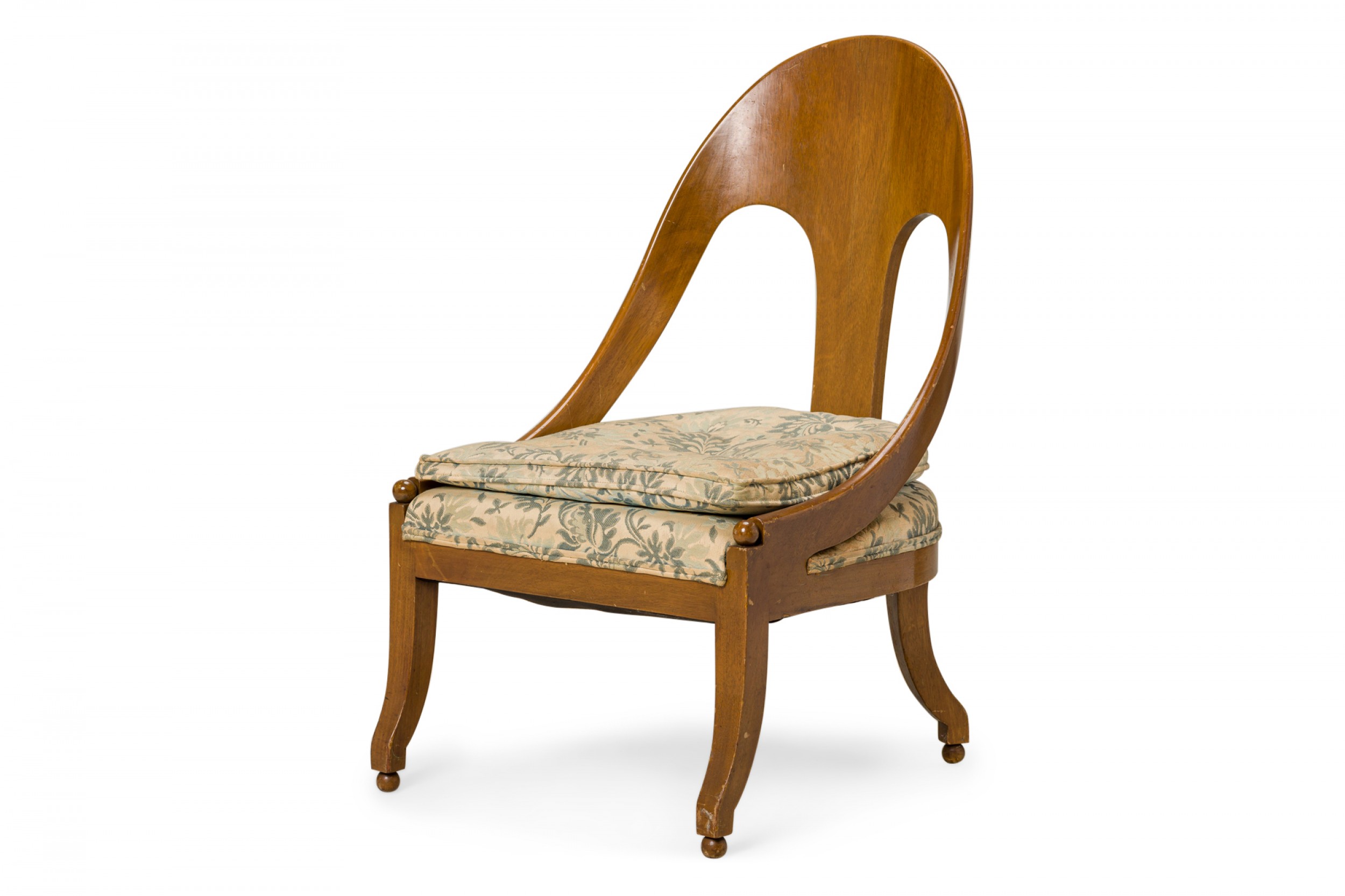 American Mid Century Walnut and Floral Fabric Upholstery Spoonback Side Chair